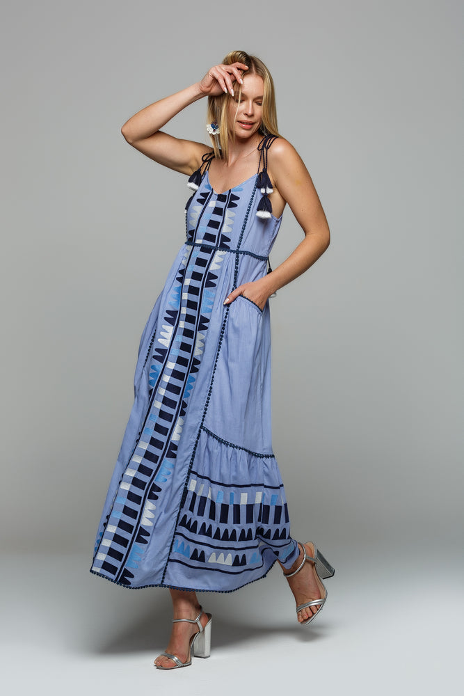 LONG BOHO CHIC EMBROIDERED DRESS WITH STRAPS TFA-002