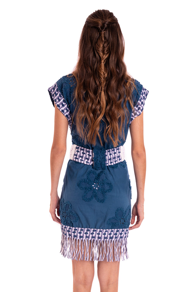 MACRAME BELTED KIMONO - INDIGO CUT-OUT & FRINGE